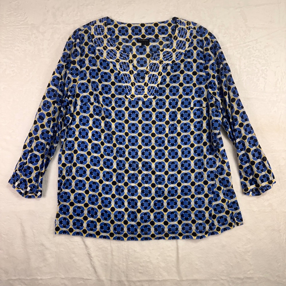 Talbots Blouse Large Blue Yellow Geometric Split Neck 3/4 Sleeve‎ Cotton Womens